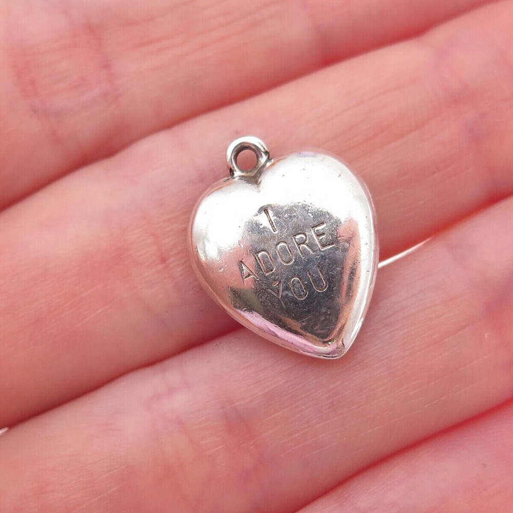 925 Sterling Silver Antique Art Deco I Adore You Chatelaine Heart Charm Pendant